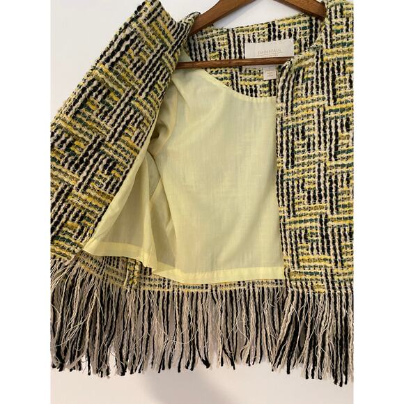 Emin and Paul Tweed Fringe Yellow Green Black Lady Jacket Wool Blend EUC Crop S - Picture 5 of 10